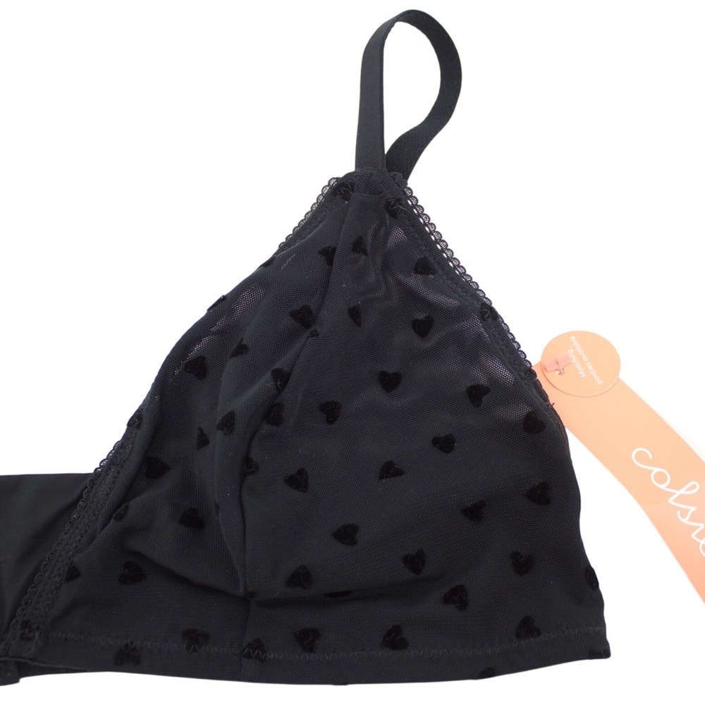NEW Colsie Bralette Womens L Black Heart Print Mesh Triangle Flocked Velvet Trim